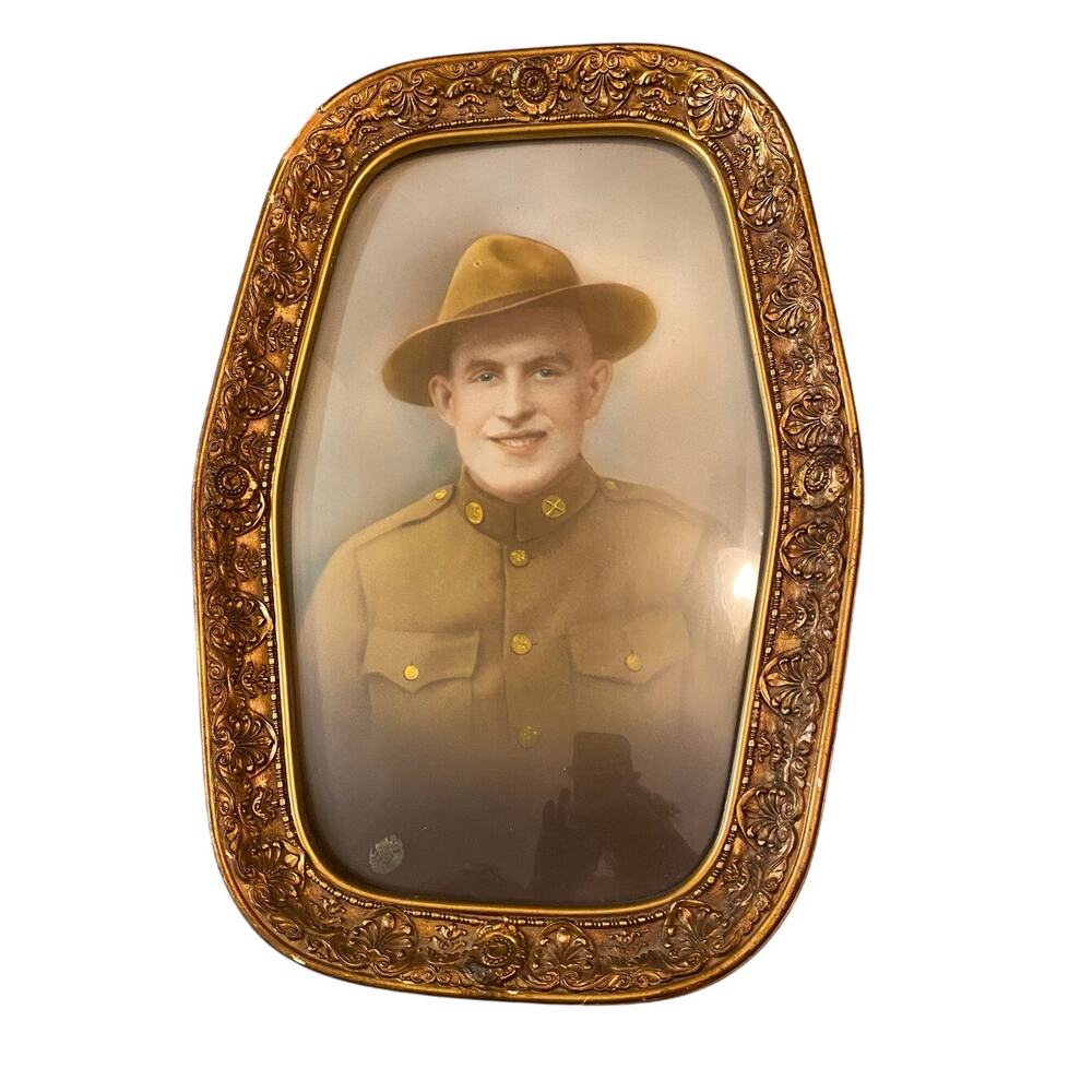 WW1 Soldier Photo in Uniform Gold Hexagon Frame Antique Military Portrait